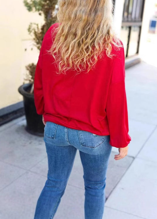 Red O Neck Christmas Tree Sequins Cotton Sweatshirts Top Winter