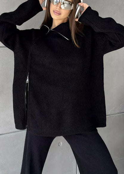 Stylish White High Neck Zip Up Knit Two Pieces Set Winter