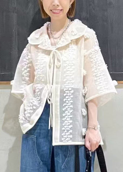 French Beige Oversized Jacquard Sheer Shirt Top Summer