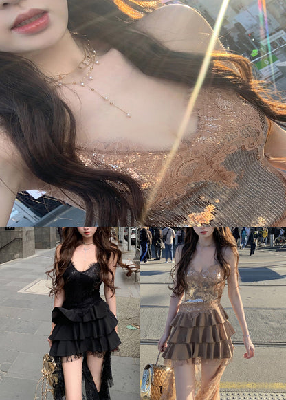 Champagne Color Lace Patchwork Spaghetti Strap Dress V Neck Sleeveless