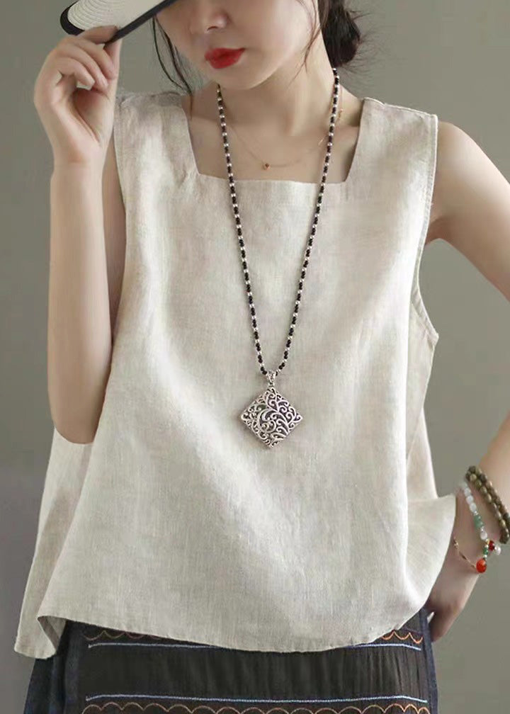 Loose Linen Colour Square Collar Linen Tops Summer