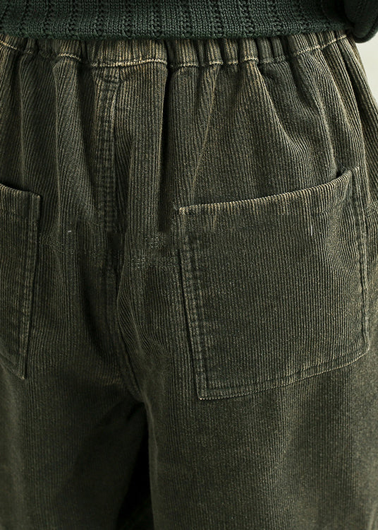 Green Pockets Elastic Waist Corduroy Warm Fleece Pants Winter