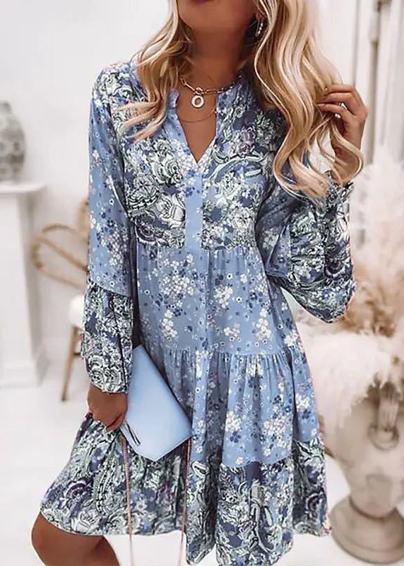 Orange V Neck Print Wrinkled Cotton Mid Dress Fall