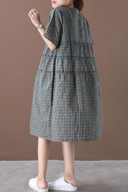 Limited Stock- Summer Plaid Round Neck Cotton Linen Midi Dress