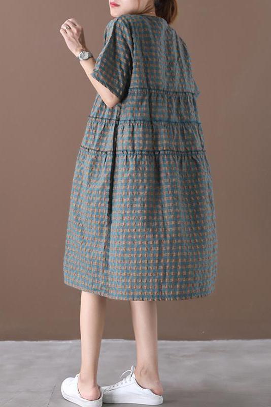Limited Stock- Summer Plaid Round Neck Cotton Linen Midi Dress