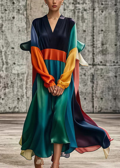 Unique Colorblock Oversized Patchwork Draping Silk Vacation Dresses Fall