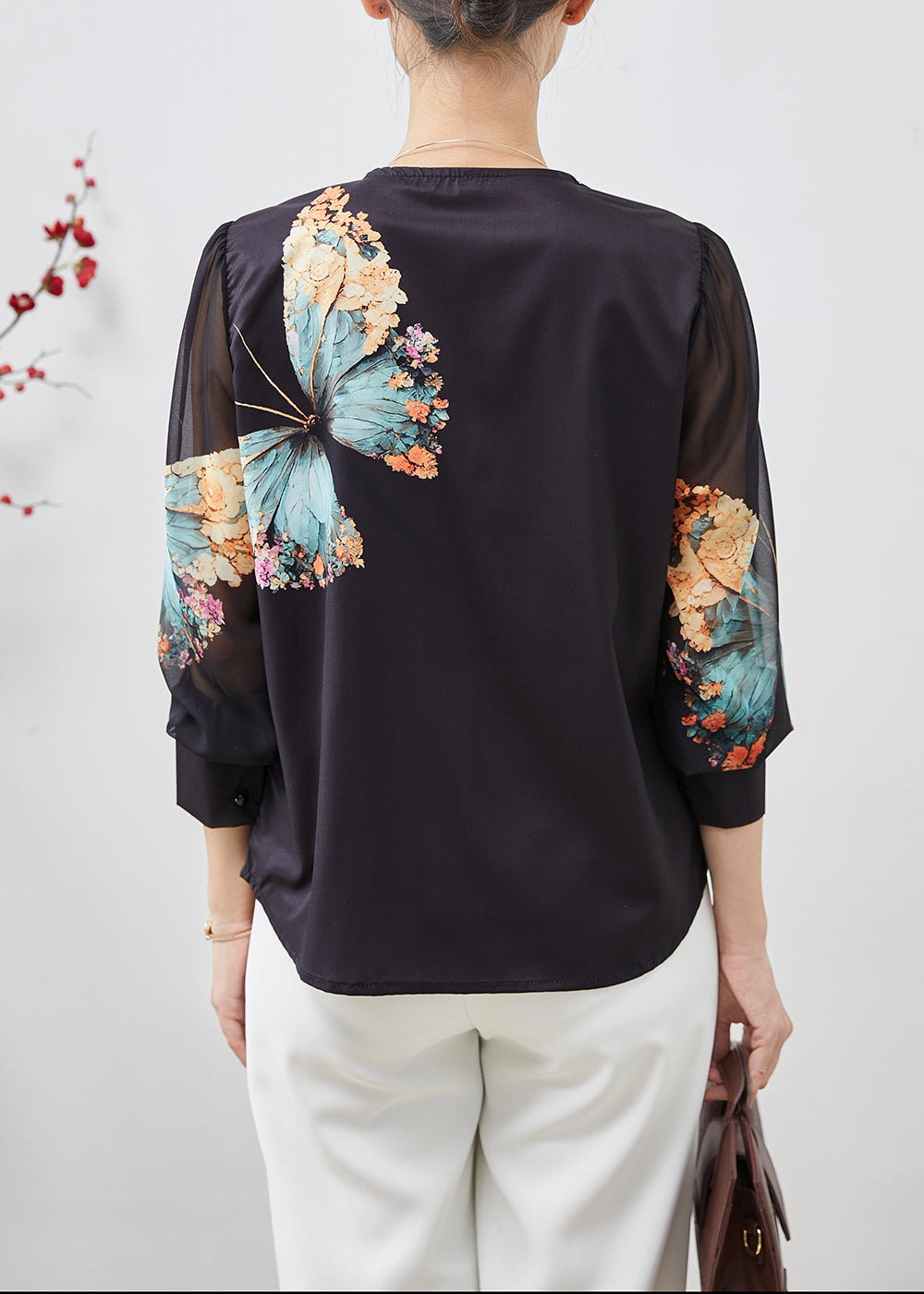 Black V Neck Butterfly Silk Blouses Spring