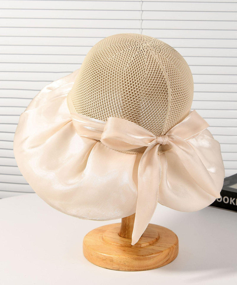 New Dark Khaki Knit Patchwork Satin Bow Bucket Hat