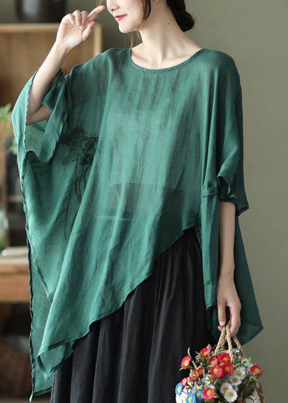 Art Yellow Text Asymmetrical Design Embroidered Summer Ramie Shirt Tops