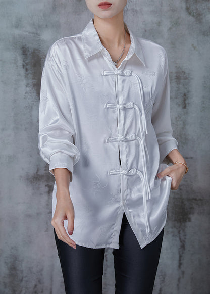White Draping Silk Shirts Tasseled Chinese Button Spring