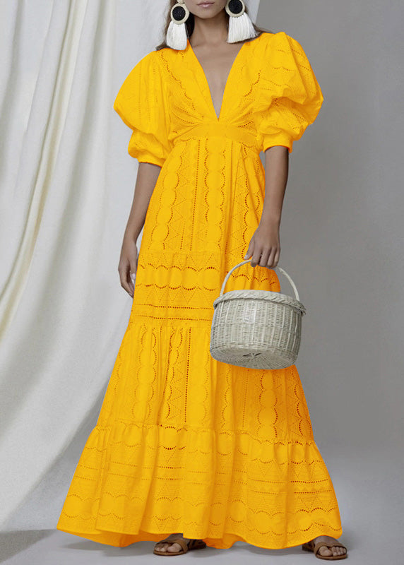 White V Neck Hollow Out Puff Sleeve Patchwork Cotton Dress