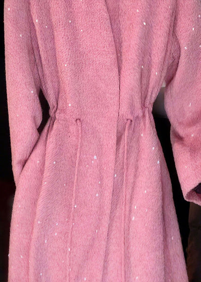 Pink V Neck Sequins Drawstring Coat Fall