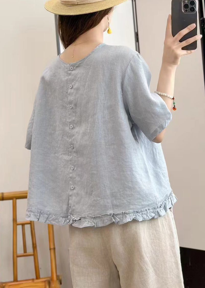 Sky Blue Wear on Both Sides Linen Summer Blouse Ruffled