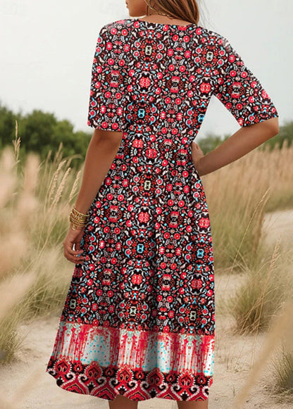 Red O Neck Print Cotton Long Dress Summer