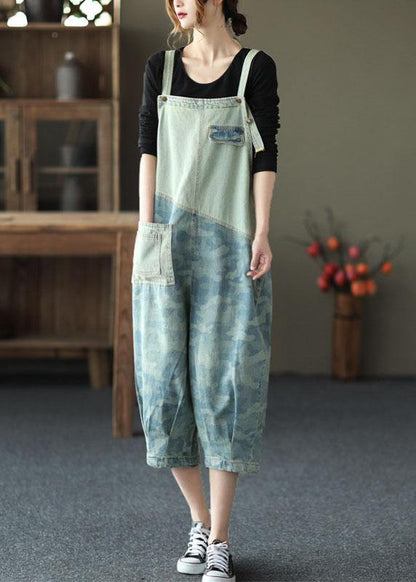 Light Blue Pockets Patchwork Jumpsuit Crop Pants