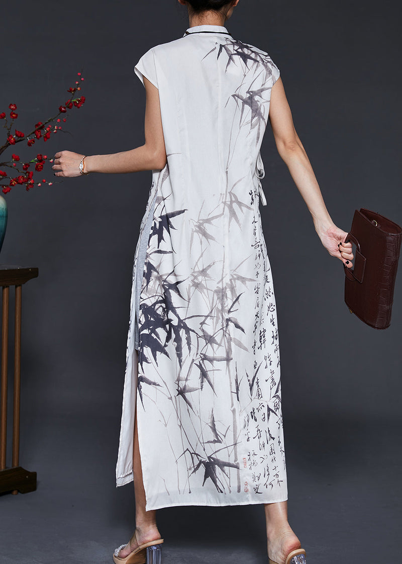 White Print Chiffon Vacation Dresses Cheongsam Sleeveless