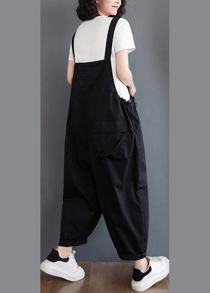 Black Slash Neck Drawstring Button Pockets Jumpsuit Fall
