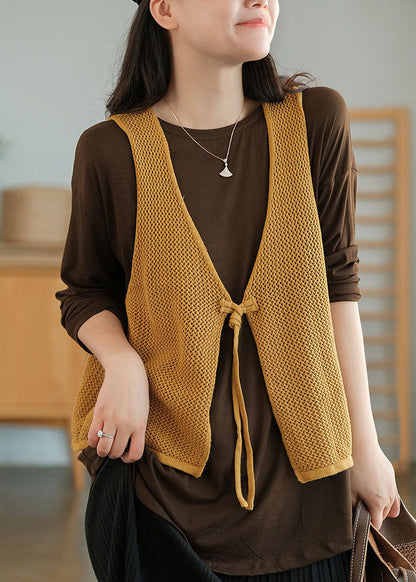 Yellow V Neck Hollow Out Tie Waist Knit Vests Fall