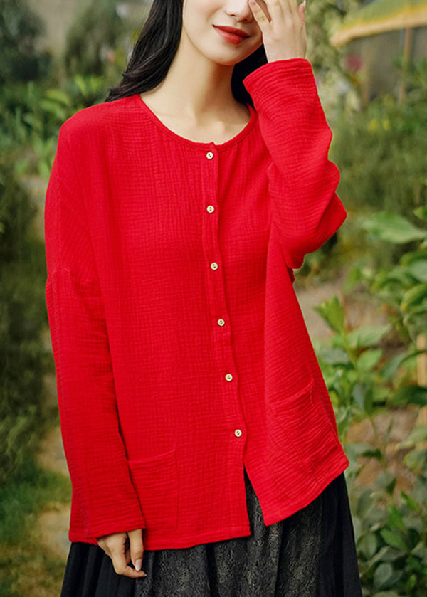 Handmade White O Neck Button Pockets Cotton Shirt Tops Spring