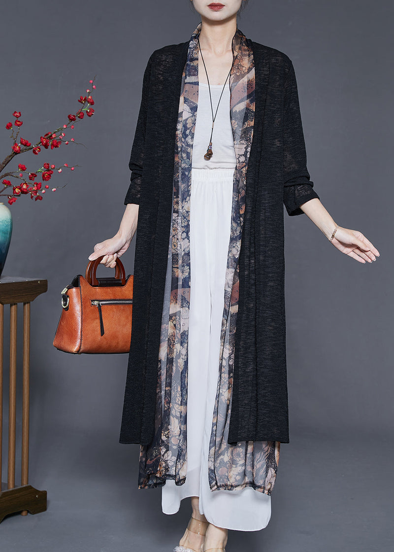 Black Oversized Patchwork Silk Long Cardigan Summer