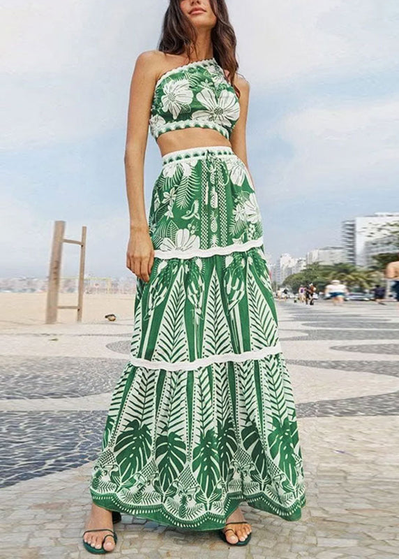 Italian Green One Shoulder Print Top and Maxi Skirts Two Pieces Set Sleeveless