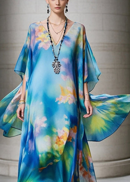 Blue Oversized Print Chiffon Beach Dress Summer