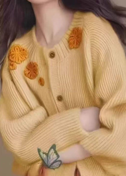 French Yellow Decorated Thick Knit Cardigan Winter