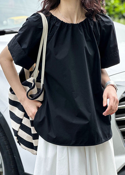 Black Side Open Cotton Tops O Neck Short Sleeve