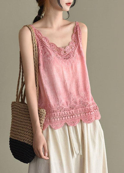 Pink Embroidered Lace Hollow Out Summer Cotton Vest Sleeveless