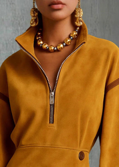 New Yellow High Neck Zip Up Patchwork Cotton Mini Dress Fall