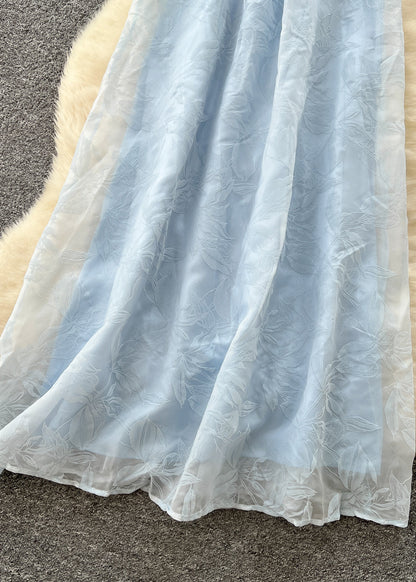 Sky Blue Jacquard Chiffon Spaghetti Strap Dress Summer