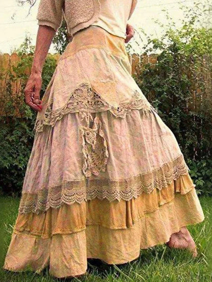 High Waist Lace Up Trim Colorblock Cotton Skirt