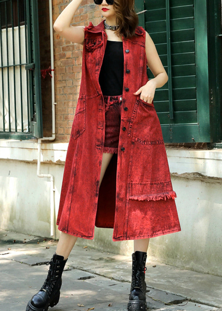 Red Peter Pan Collar Patchwork Long Waistcoat Summer