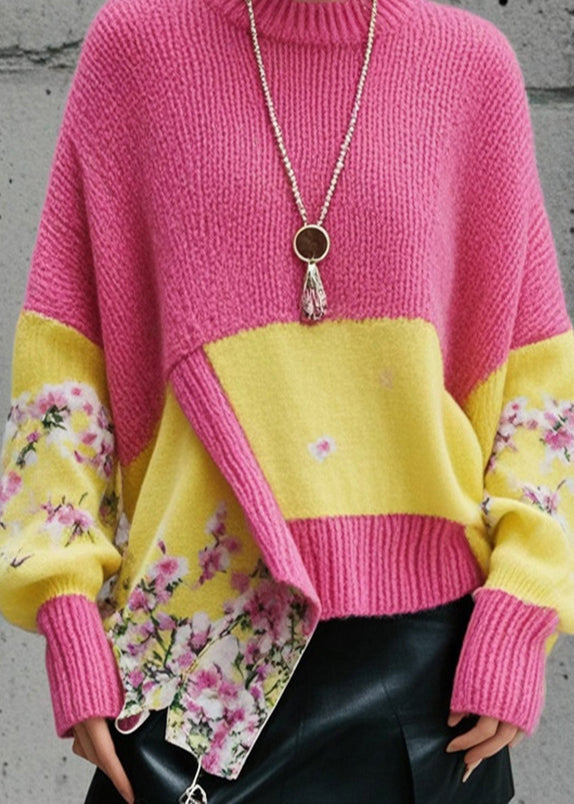 Pink Asymmetrical Patchwork Knit Pullover Fall