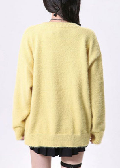 Yellow O Neck Cats Print Knit Sweaters Spring