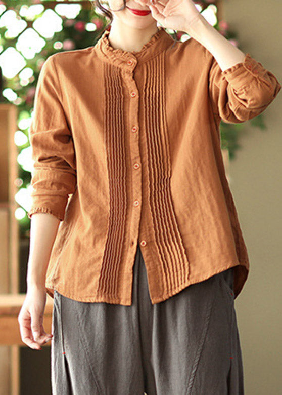 Caramel Stand Collar Button Cotton Shirt Long Sleeve