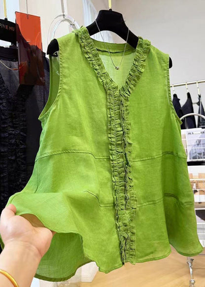 Loose Green V Neck Ruffled Cotton Shirt Sleeveless