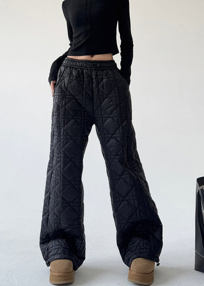Diy Black Elastic Waist Plaid Fine Cotton Filled Pants Spring