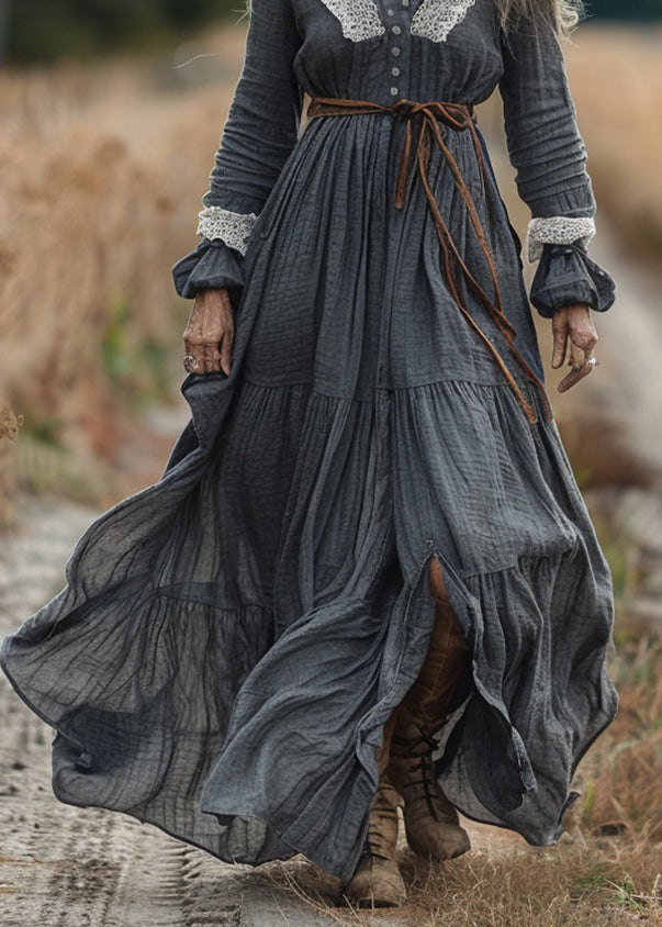 Pastoral Style Lace Patchwork Cotton Long Dresses Spring