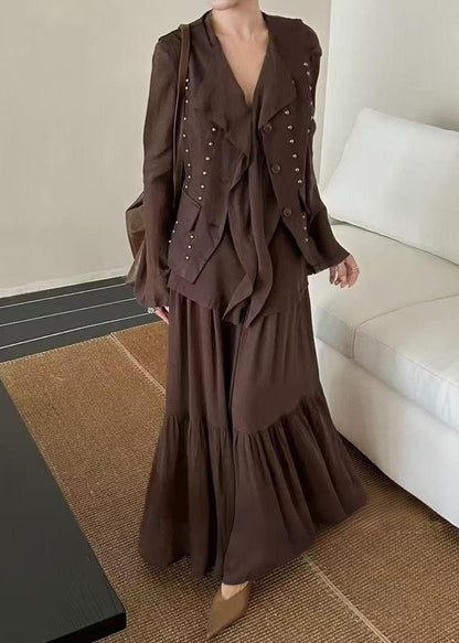 Autumn New Coffee Ruffled Top Skirt Rivet Vest Three Piece Set