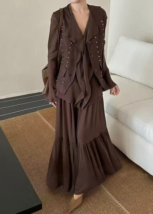 Autumn New Coffee Ruffled Top Skirt Rivet Vest Three Piece Set