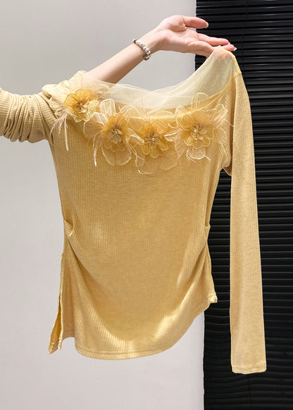 Yellow Decorated Side Open Cotton Tops Fall