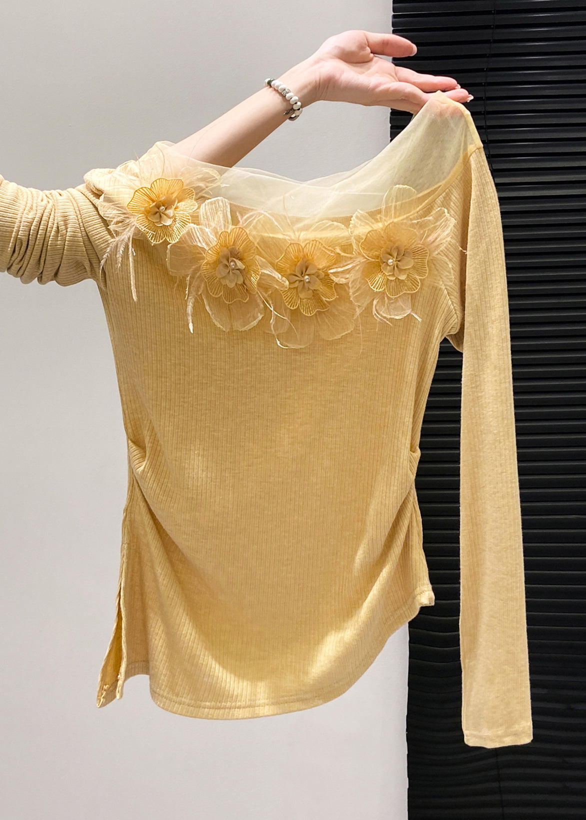 Yellow Decorated Side Open Cotton Tops Fall