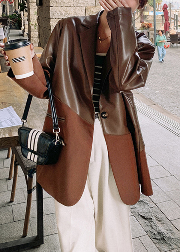 New Coffee Notched Patchwork Faux Leather Suit Coat Fall