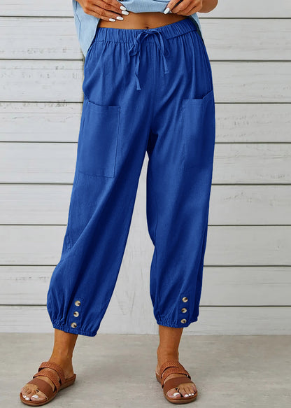 Loose Dark Gray Pockets Elastic Waist Cotton Crop Pants Summer