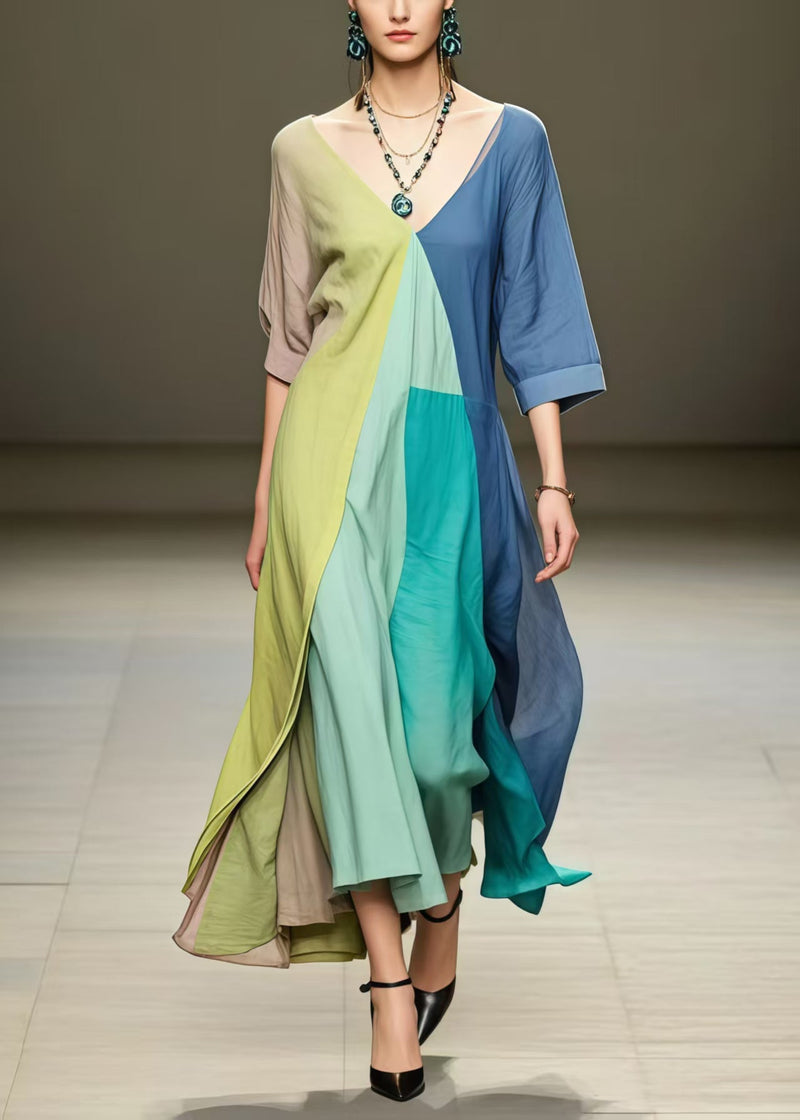 Colorblock Asymmetrical Exra Large Hem Cotton Maxi Dresses Summer