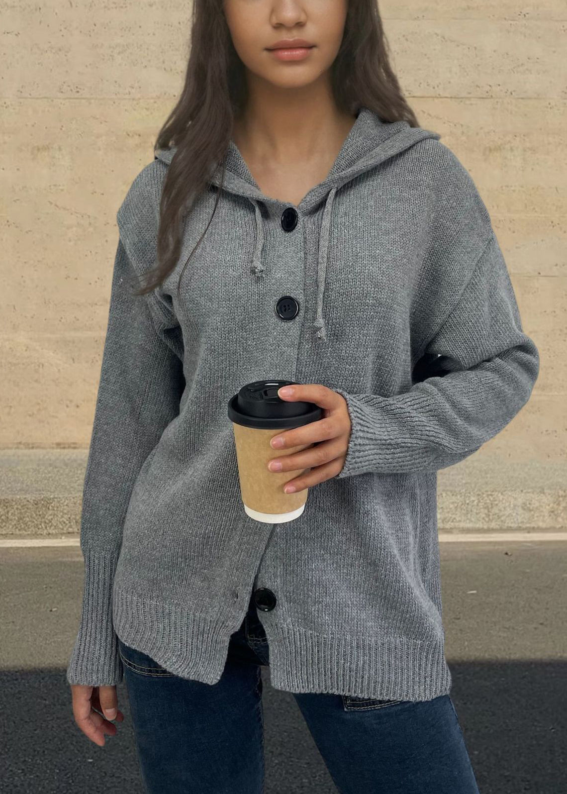 Style White Hooded Button Knit Loose Coat Fall