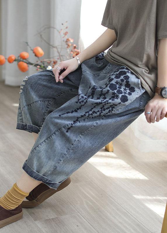 Blue Embroidered Summer Denim Pants