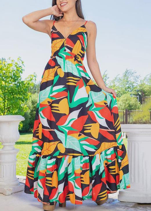 Green V Neck Print Cotton Vacation Spaghetti Strap Dresses Sleeveless
