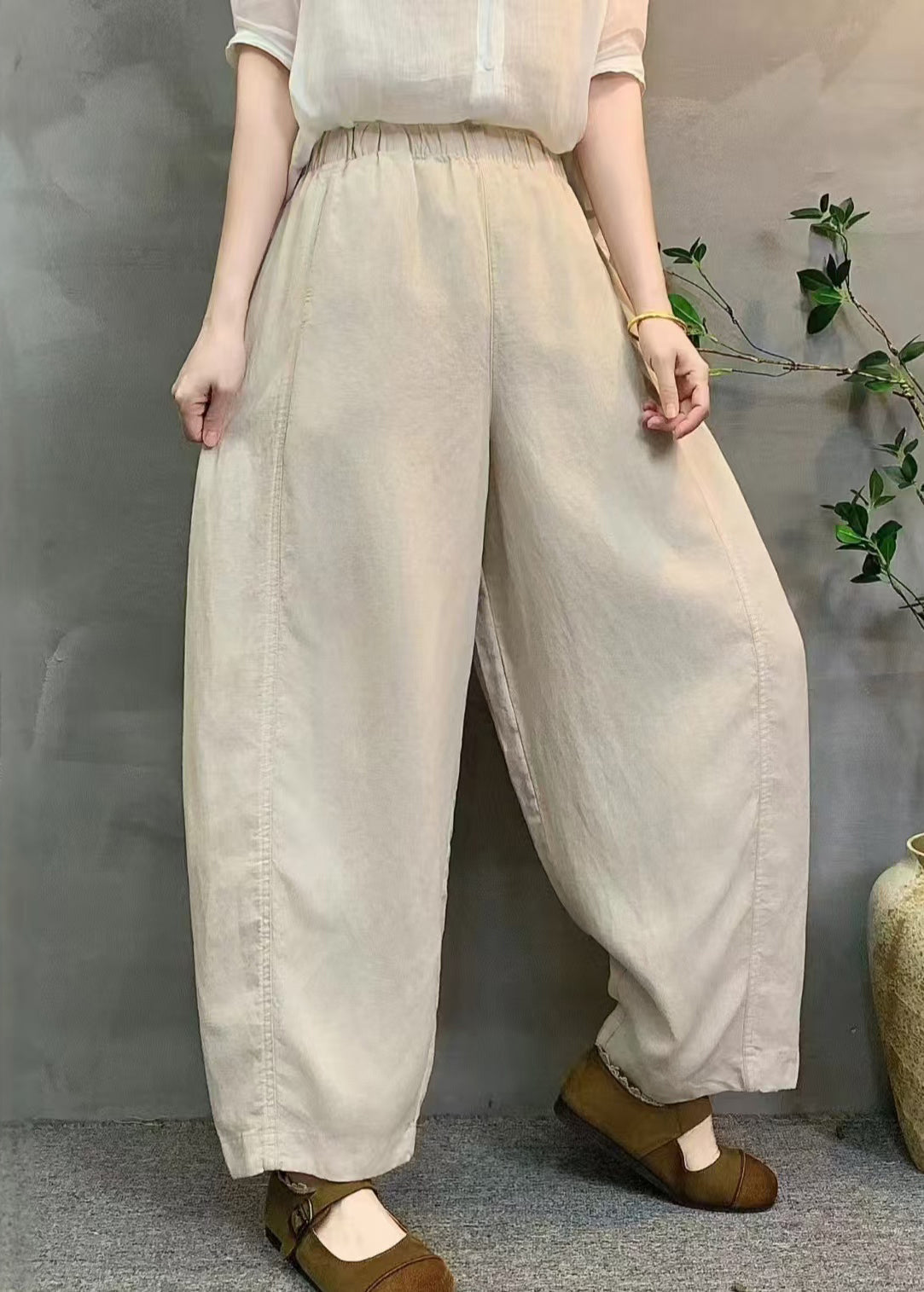 White Oversized Elastic Waist Linen Pants Summer